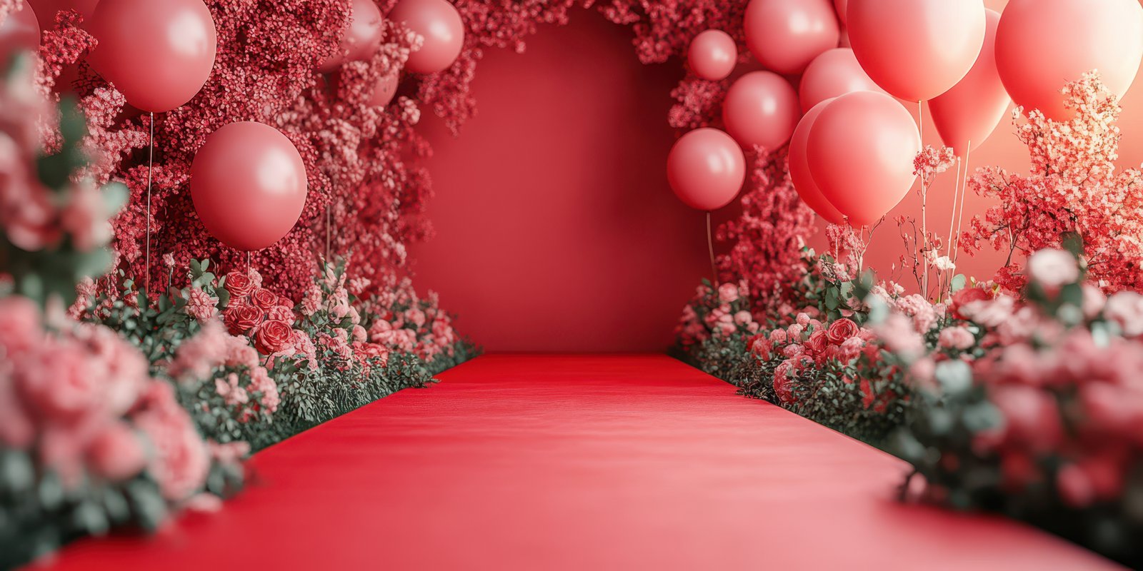 Decorative event space adorned with pink flowers and balloons for a festive celebration